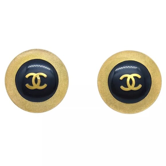 Chanel Button Earrings Clip-On Black Gold - Picture 1 of 4